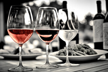 Poster - Red, white, and rose wine glasses in the foreground over a deli table in the background. Generative AI