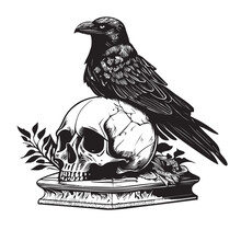 Raven Sitting On A Human Skull Hand Drawn Sketch In Doodle Style Illustration