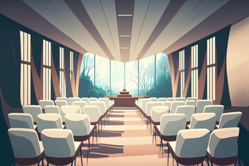 Poster - Interior of empty contemporary conference hall with white chairs. Generative AI