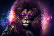 Created with Generative AI technology. Creative happy lion animal in disco clothes dancing on the party.
