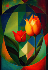 Wall Mural - Abstract tulip pattern formed by blocks of different colors.