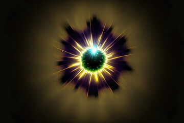 Poster - Easy to add lens flare effects for overlay designs or screen blending mode to make high quality images. Abstract sun burst, digital flare, iridescent glare over black background. Generative AI