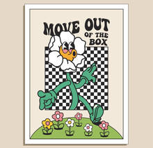Groove Retro Styled Motivation Poster Or T-shirt Design Template With Funny Flower Character Moving Out Of The Box On Light Background. Vector Illustration