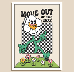 groove retro styled motivation poster or t-shirt design template with funny flower character moving 