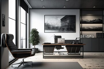 industrial office 3d render. with picture behind the desk. concrete floor and black steel structures. Furnished with wooden furniture and leather armchairs - Generative AI