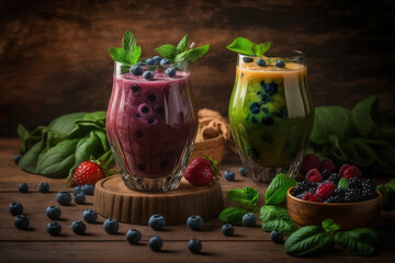 Sticker - On a wooden background, fresh juice and smoothies with berries, fruits, and green spinach. Generative AI