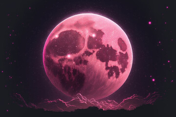 pink full super moon with stars surrounding it and a pink halo in the background of a night sky. gen