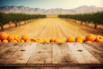 Sticker - Orange field background, empty wood table with room over orange trees. For montaged product displays. Generative AI