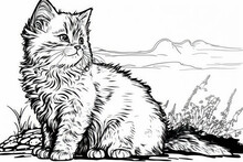 Outline Of A Fluffy Cartoon Cat Coloring Page. Children's Coloring Book. Generative AI