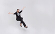 Young beautiful smiling asian businesswoman floating in mid-air and announcement something isolated on white background.