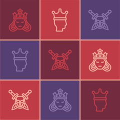 Sticker - Set line Princess or queen, Skull with sword and King crown icon. Vector