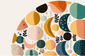 Poster - Scandinavian abstract pattern seamless wallpaper background with a cute, colorful semicircle of the moon on a white background. sketching in Finnish. Generative AI