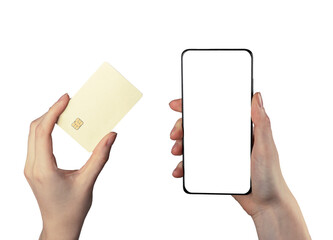 Poster - Bank card mockup and phone screen mock-up for mobile finance app promotion. Smartphone display template, frame and electronic money in hand for online payment service