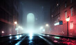 Generative AI illustration of a deserted city street with glowing lighting; gloomy, post-apocalyptic theme; original illustration	