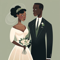 Poster - African American just married couple, bride and groom, cartoon illustration, Black bride and groom in fashionable clothing getting married. Wedding Ceremony, Contemporary Black Groom and Bride