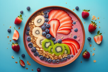 Canvas Print - Strawberry, banana, blueberries, kiwi fruit, and granola in a summer acai smoothie bowl on a light pink background. Breakfast bowl with cereal and fruit, up close and in the center, nutritious food