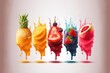  a group of fruit and ice cream splashing into each other in different colors and shapes on a white background with a light pink background.  generative ai