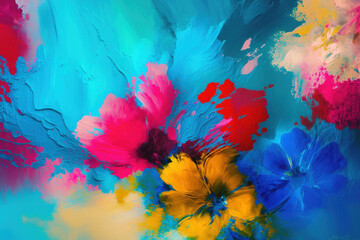 Sticker - Oil painting texture in a contemporary abstract style using the colors blue, pink, yellow, and red. Nature wallpaper with spring and summer flowers. flower design illustration artwork for background d