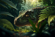 exotic jungle landscape with dinosaur hiding in leaves