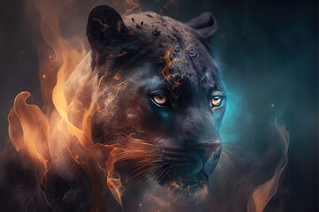 Wall Mural -  a black tiger with blue eyes surrounded by fire and smoke on a dark background with a blue light coming out of its eyes and a glowing tail.  generative ai