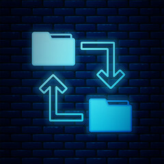 Poster - Glowing neon Cloud storage text document folder icon isolated on brick wall background. Vector