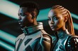 Couple dressed with futuristic outfit. African-American ethnicity. Generative AI illustration