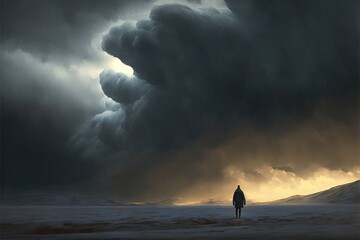 Wall Mural -  a man standing in the middle of a field under a large cloud of dark clouds in the distance, with a person standing in the foreground.  generative ai
