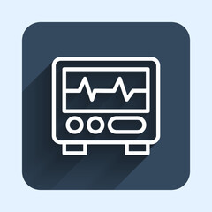 Sticker - White line Computer monitor with cardiogram icon isolated with long shadow background. Monitoring icon. ECG monitor with heart beat hand drawn. Blue square button. Vector