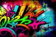 Wild colorful abstract graffiti sprayed on brick wall (Generative AI)