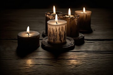 Poster -  a group of lit candles sitting on top of a wooden table next to a candle holder with a candle in the middle of the candle.  generative ai