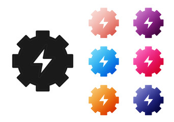 Sticker - Black Gear and lightning icon isolated on white background. Electric power. Lightning bolt sign. Set icons colorful. Vector