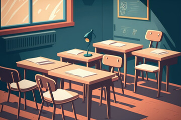 Poster - school empty cold examination class room desk and chair furniture interior setup ready for students final exam with answer sheet paper on the table. Generative AI