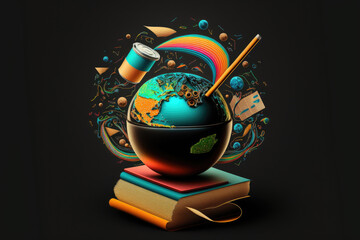 A black background is used to depict an image of mathematical equations floating over a globe, colored pencils, notebooks, and a cup of coffee. Digitally created image of the concept of education goin