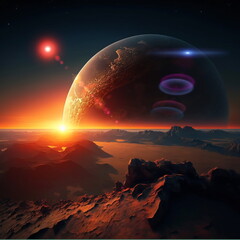 Wall Mural - earth and moon on sunset , night alien planet space starry sky flares cosmic fantastic background ge