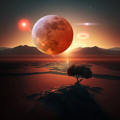 Wall Mural - earth and moon on sunset , night alien planet space starry sky flares cosmic fantastic background ge
