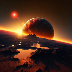 Wall Mural - earth and moon on sunset , night alien planet space starry sky flares cosmic fantastic background ge