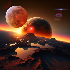 Wall Mural - earth and moon on sunset , night alien planet space starry sky flares cosmic fantastic background ge