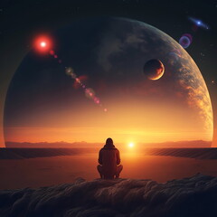 Wall Mural - earth and moon on sunset , night alien planet space starry sky flares cosmic fantastic background ge