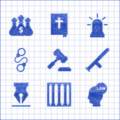 Canvas Print - Set Judge gavel, Prison window, Head with law, Police rubber baton, Fountain pen nib, Handcuffs, Flasher siren and Money bag icon. Vector