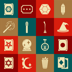 Sticker - Set Playing cards, Ancient magic book, Witch hat, Magic stone, staff, wand, and Witches broom icon. Vector