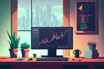 Wall Mural - analysis of investment brokerage profits. Gain and price prediction in stock trading graph. Bitcoin trade graph graphic. desk in the financial manager's office. Generative AI