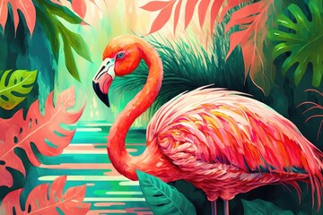 watercolor painting of a flamingo in the middle of tropical lakes - generative ai