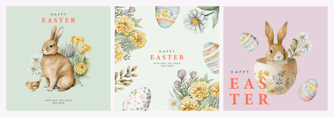 Wall Mural - happy easter watercolor cards set with cute easter rabbit, eggs, spring flowers and chick in pastel 