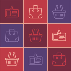 Poster - Set line Identification badge, Shopping basket and Paper shopping bag icon. Vector