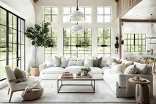 Modern Bright White Farmhouse Living Room. Generative IA