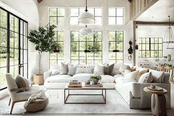 Modern bright white farmhouse living room. generative IA