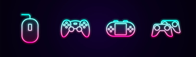 Set line Computer mouse, Game controller or joystick, Portable video game console and . Glowing neon icon. Vector