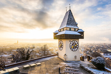 The Uhrturm at the Schloßberg hill, the landmark of the UNESCO heritage city of Graz in Austria