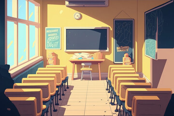 Canvas Print - School interior of empty class room with board and seat when nobody or no student in classroom situation of Covid 19 disease outbreak and have to learning of distance teaching during COVID 19