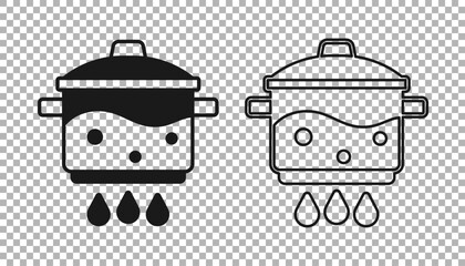 Canvas Print - Black Cooking pot on fire icon isolated on transparent background. Boil or stew food symbol. Vector